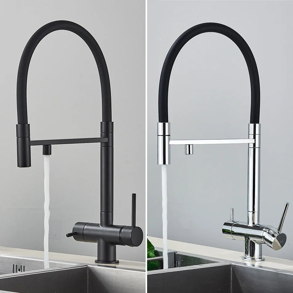 Black and chrome kitchen water filter faucet with dual flexible gooseneck spouts single hole mixer tap for pure drinking water
