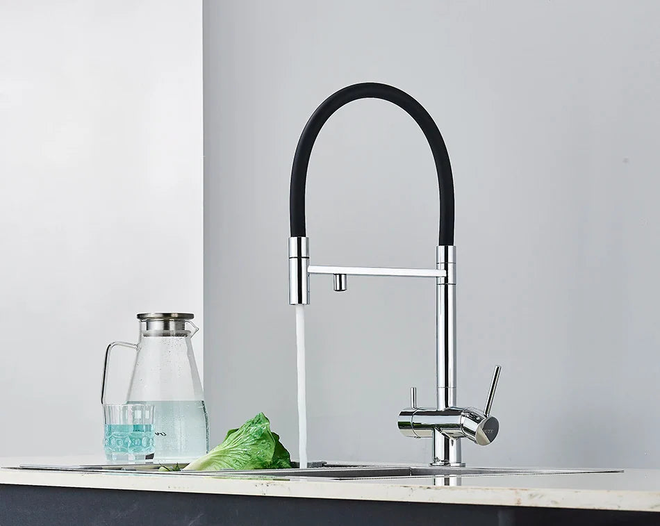 Modern chrome finished single hole kitchen water filter faucet with flexible black rubber hose and pull down spout