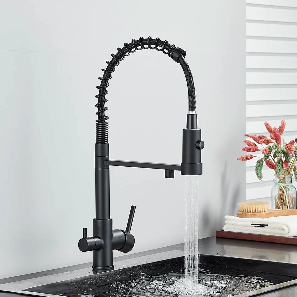 Black matte pull-down kitchen faucet with coiled spring hose dual handles and single hole design for water purification