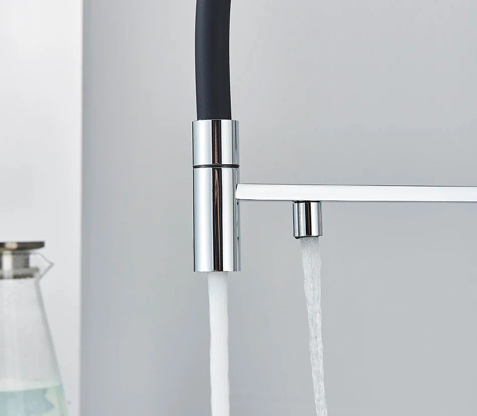 Modern chrome-finished kitchen water filter faucet with black flexible hose dual spray nozzles single hole installation