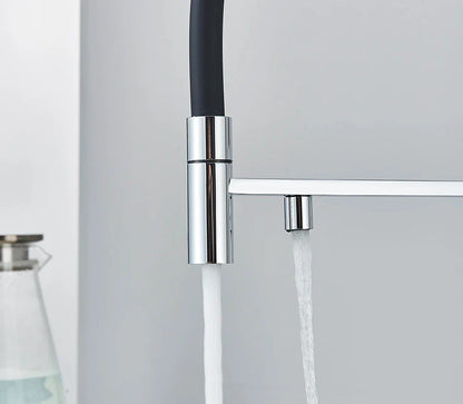 Modern chrome-finished kitchen water filter faucet with black flexible hose dual spray nozzles single hole installation
