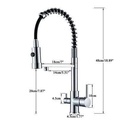 Chrome finished single hole kitchen water filter faucet with flexible black coiled hose and dual spout mixer tap