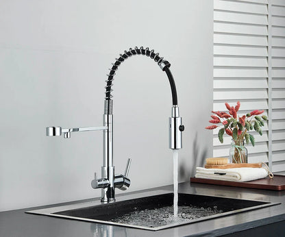 Chrome finished single hole pull down kitchen faucet with flexible black hose dual handles for water purification