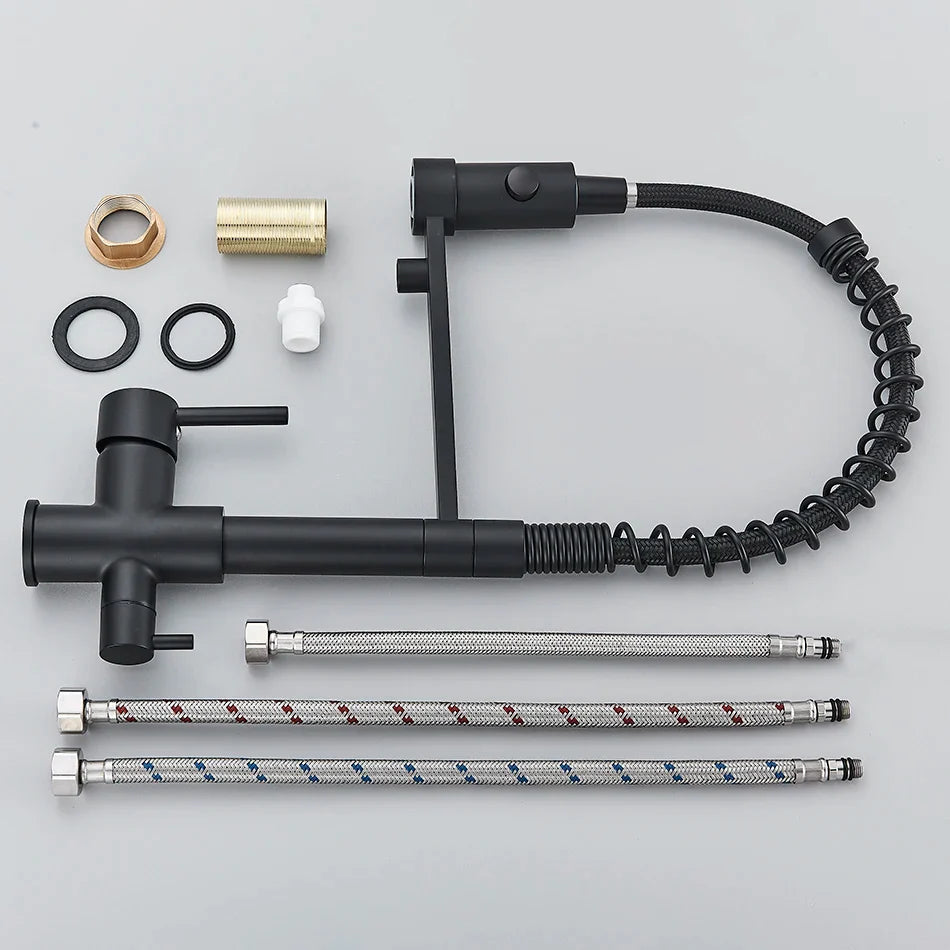 Black matte kitchen water filter faucet with flexible coiled hose and three braided supply tubes for single hole installation