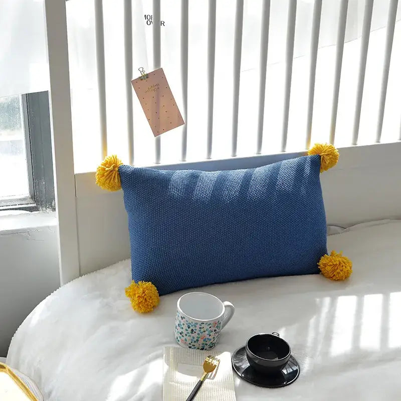 Blue knit cushion cover with yellow pom poms for living room decorbites knit cushion cover set
