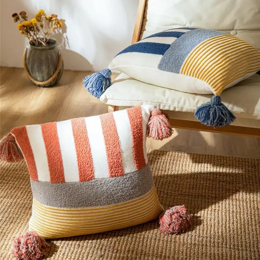 Cozy decorbites knit stripe pillow cover coral and white with gray band yellow ribbed bottom and tassels for living room decor