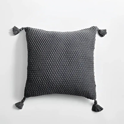 Gray knitted throw pillow with tassels at each corner from decorbites knitted grey ivory geometric pillow cover set