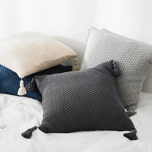 Set of three knitted grey ivory pillow covers with geometric texture and tassels for living room decorbites decor