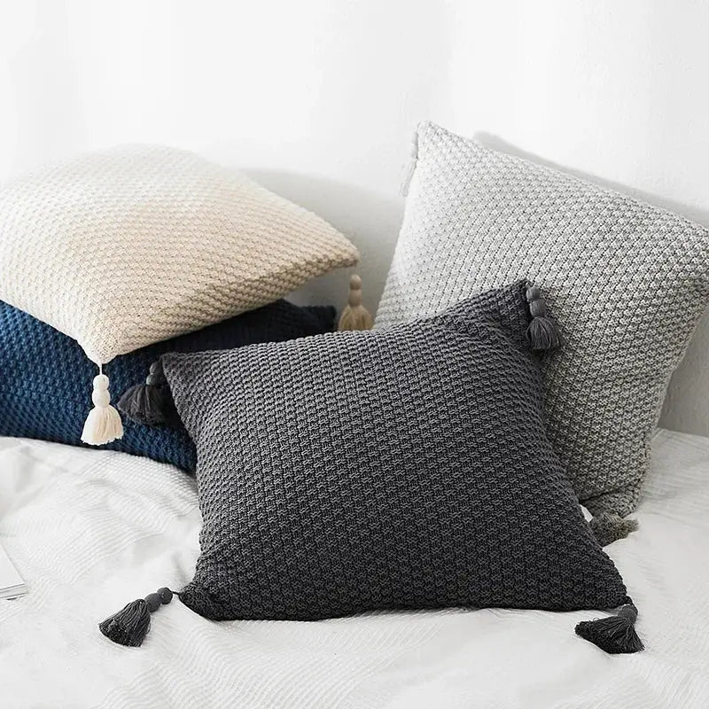 Set of three knitted grey ivory pillow covers with geometric texture and tassels for living room decorbites decor