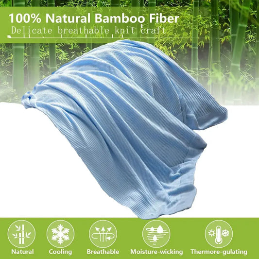 Light blue knitted bamboo cooling throw blanket with soft breathable texture for bedroom bedding use