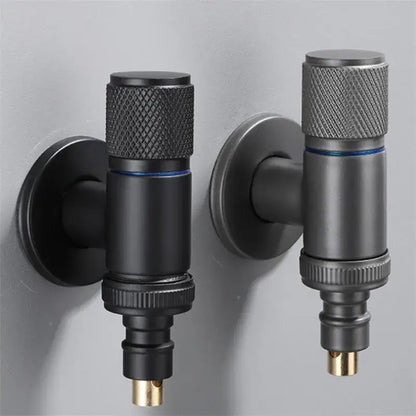 Black matte-finished wall-mounted washing machine faucet with knurled handles and brass-colored spouts by decorbites black copper brass