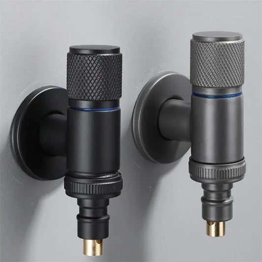 Black matte-finished wall-mounted washing machine faucet with knurled handles and brass-colored spouts by decorbites black copper brass