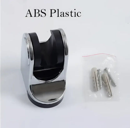 Chrome-finished abs plastic shower head holder with black interior and curved design for wall-mounted bathroom use