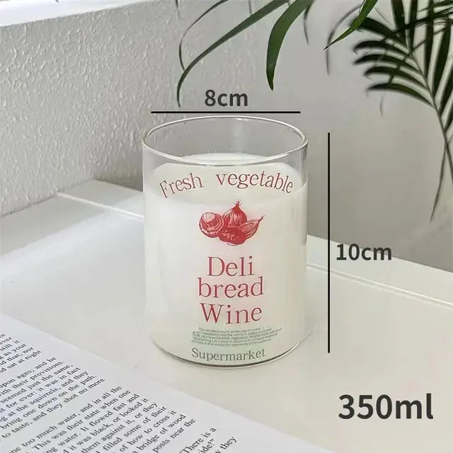 A clear korean glass cup with white wax interior and red deli print labeled 350ml from decorbites korean glass cups