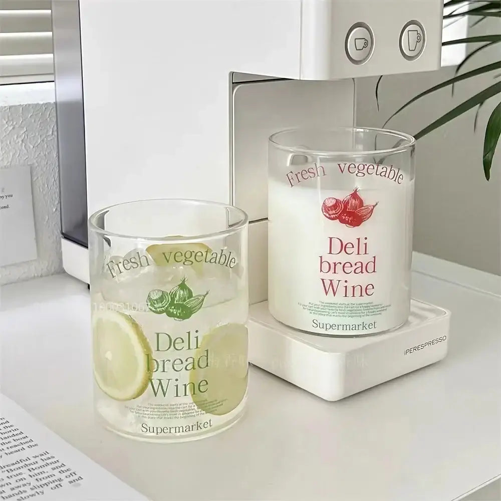 Clear glass tumbler with deli bread wine print filled with ice and lime slices for korean glass cups decorbites use