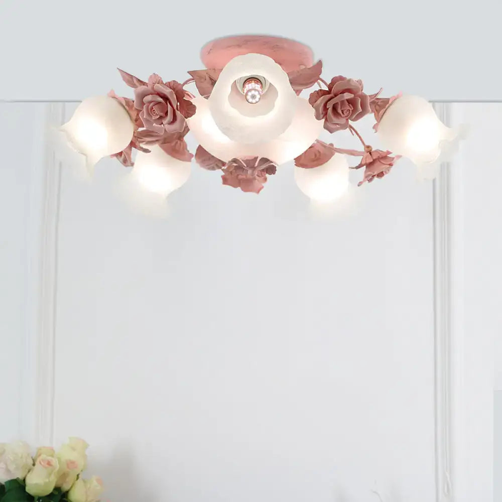 DecorBites™ korean garden flower ceiling light with frosted glass shades and pink metallic floral accents for bedroom