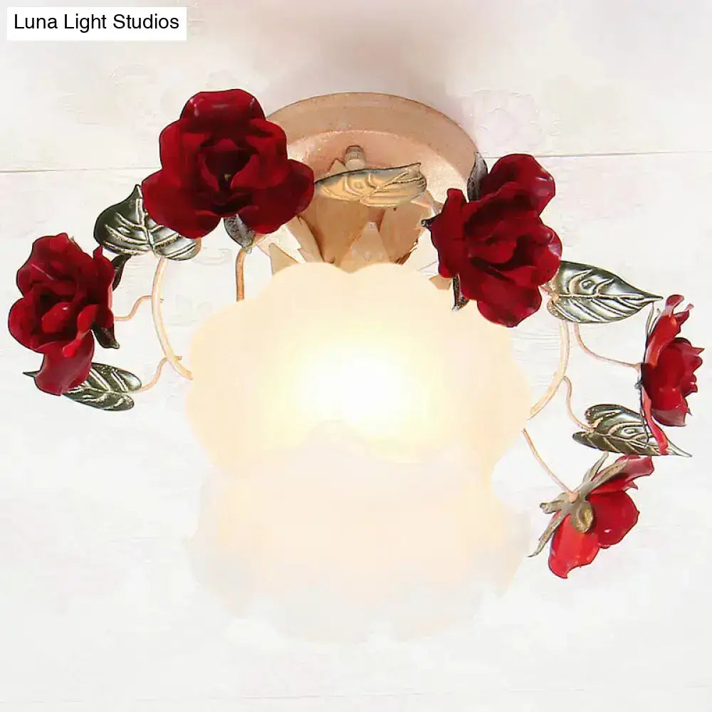 Decorbites™ korean garden ruffle semi flush mount lamp with frost white glass and red rose metal blossom decor
