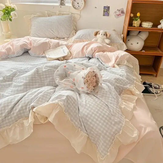 Pastel blue and white gingham bedding set with cream ruffles featuring decorbites korean grid lace design for bedroom decor