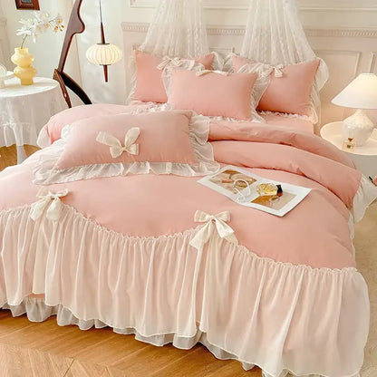 Pink ruffled bedding set with cream bows and lace trim for decorbites korean lace bow bedroom decor