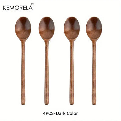 Set of four dark brown natural wooden spoons with polished finish wood grain for dining room wooden spoon set