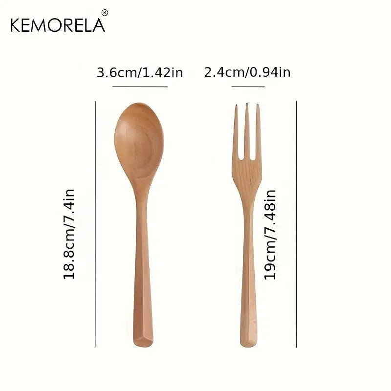 Kemorela wooden fork and spoon set in natural light brown wood with smooth rounded contours for dining use