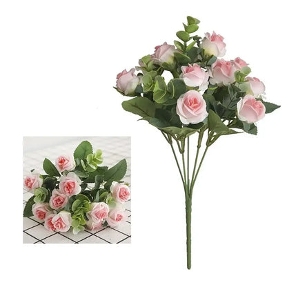 Delicate Korean style pink and white artificial roses bouquet with green leaves for home decor living room display