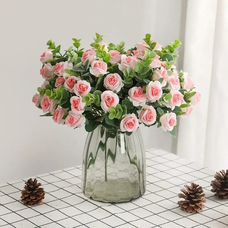 Korean style pink and white artificial roses bouquet in a textured gray glass vase for elegant home decor
