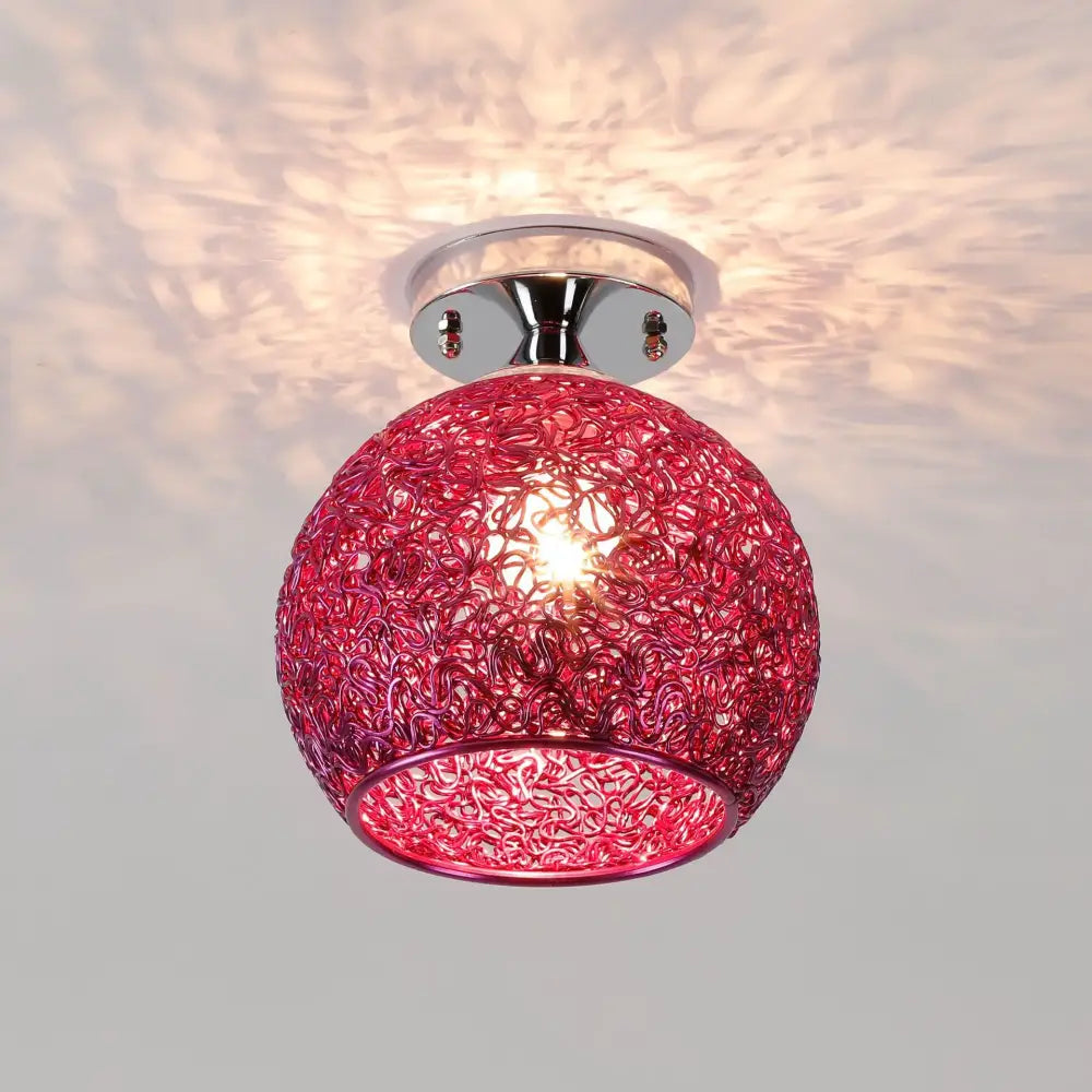 A vibrant red glass ball led ceiling light with intricate woven wire design and polished chrome base for living room decorbites ceiling lights