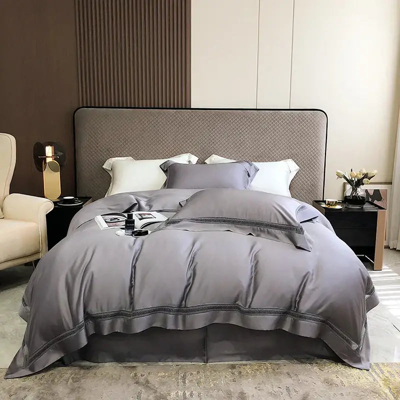 Luxury gray satin bedding set with black embroidered trim and ruffled edges decorbites eucalyptus lyocell luxury material