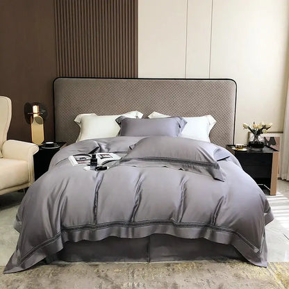 Luxury gray satin bedding set with black embroidered trim and ruffled edges decorbites eucalyptus lyocell luxury material