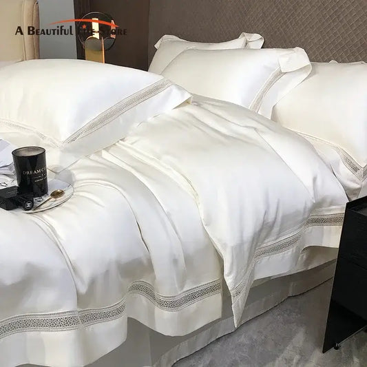 White satin bedding set with delicate lace trim made from decorbites eucalyptus lyocell luxury fabric for elegant decor