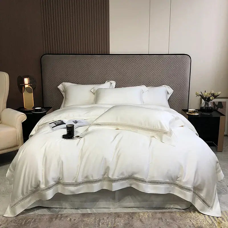 White satin bedding set with delicate silver embroidery hem in decorbites eucalyptus lyocell luxury material