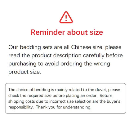 Red triangular warning symbol above bold red text reminder about size for eucalyptus lyocell luxury bedding set decorbites