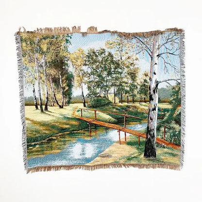 Woven decorbites jacquard sofa blanket with serene birch forest and wooden bridge in soft earthy tones for living room decor