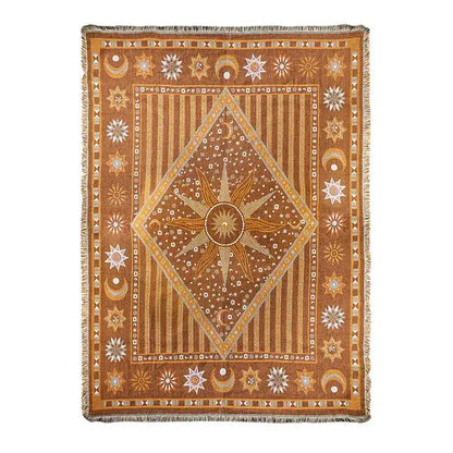 A decorbites jacquard sofa blanket with celestial gold and white stars moons suns on earthy brown woven throw for living room decor