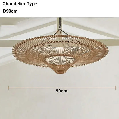 Large beige fan woven rattan pendant light made of natural bamboo strips by decorbites handmade for dining room decor