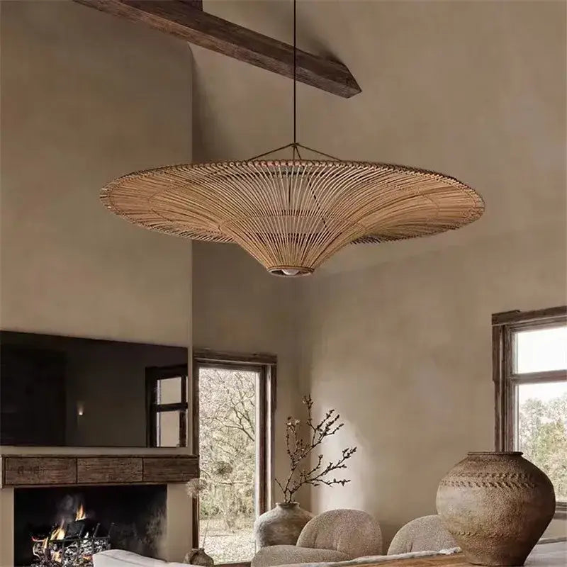 Large beige fan woven rattan pendant light crafted from natural bamboo strands by decorbites handmade for dining room decor
