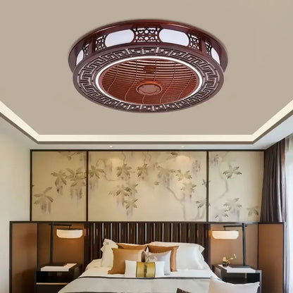Square ceiling fan lamp with dark wood frame black metal lattice design and central wooden fan blade for living room