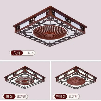 Square ceiling fan lamp with dark brown wooden frame and ornate black metal lattice design for living room chandelier