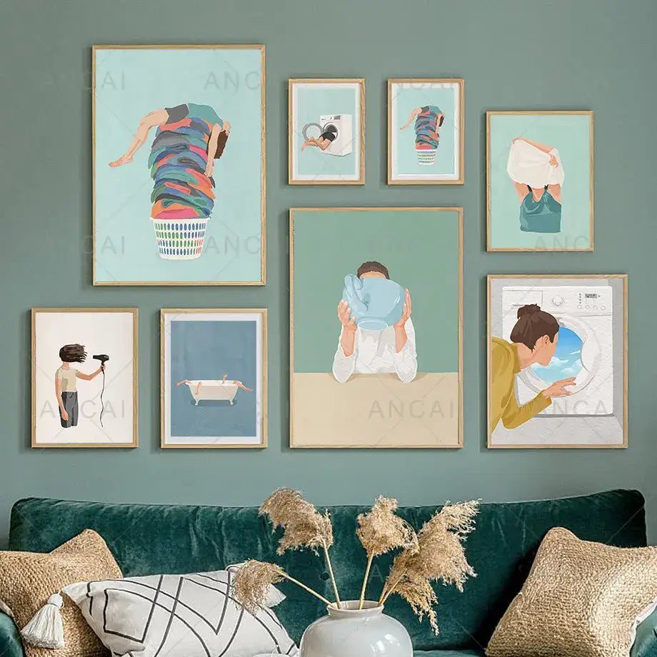 Set of seven framed laundry girl wall art prints with pastel backgrounds in light wood frames by decorbites canvas painting