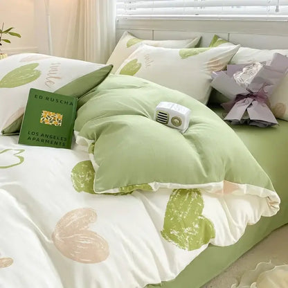 Soft mint green and cream bedding set with leafy abstract patterns featuring decorbites cozy pattern printed design