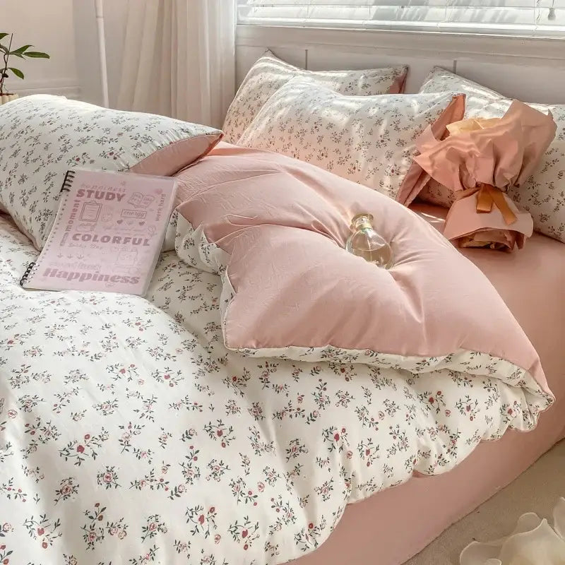 Lavender and pink floral cotton bedding set with soft quilted texture and decorbites cozy pattern printed design