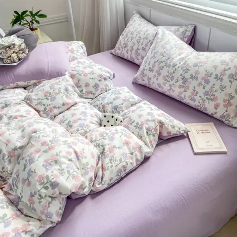 Lavender and pink floral cotton bedding set with decorbites cozy pattern printed on a soft lavender bedspread and duvet cover