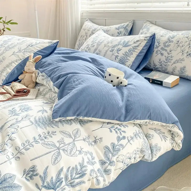 Blue and white botanical print cotton bedding set with soft textured fabric featuring decorbites cozy pattern printed