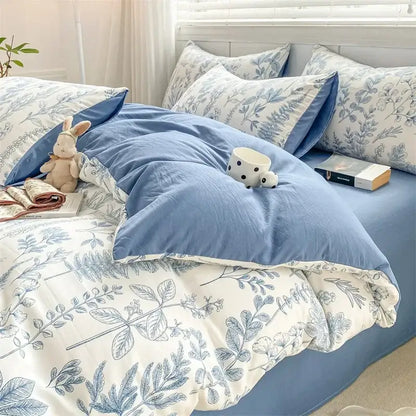 Blue and white botanical print cotton bedding set with soft textured fabric featuring decorbites cozy pattern printed