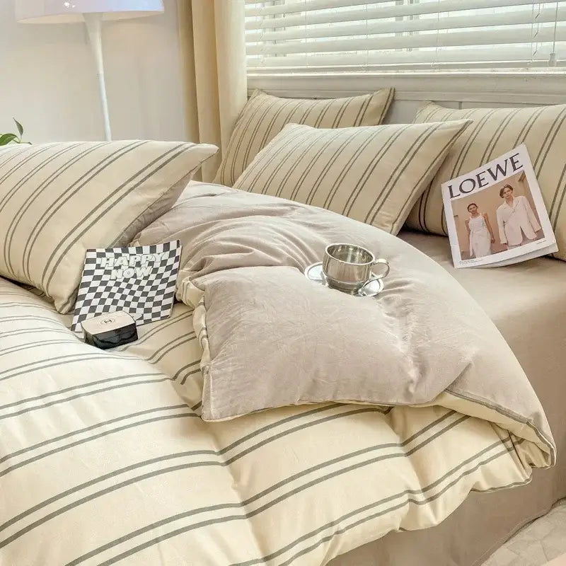Beige and gray striped duvet set with soft plush texture complementing lavender and pink floral cotton bedding set decorbites cozy pattern printed