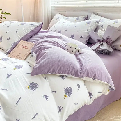 Lavender and white floral cotton bedding set with soft plush fabric featuring decorbites cozy pattern printed design
