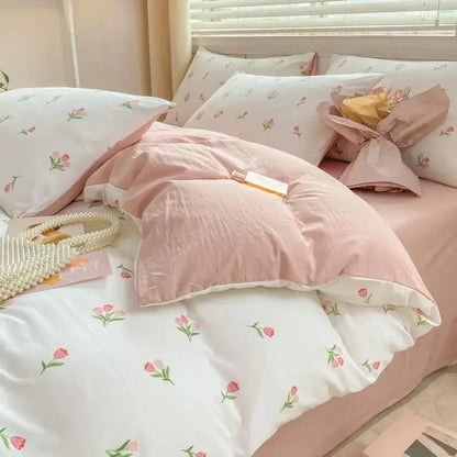 Lavender and pink floral double layer yarn bed sheet set with pink and white tulip pattern for a cozy bedroom