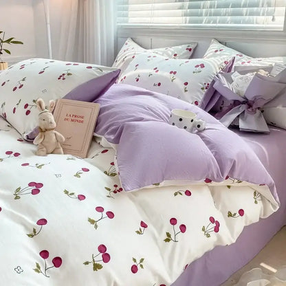 Lavender and white cherry-print bed sheet set with soft textured double layer yarn fabric for a cozy bedroom