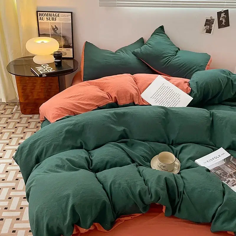 Cozy emerald green and coral quilted duvet bedding set in soft cotton fabric from lavender and black cotton bedding set